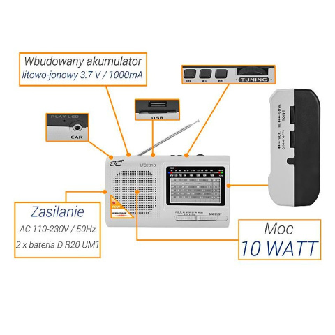 LTC wilga LTC2016 radio przenośne FM akumulator USB SD 10W srebrne