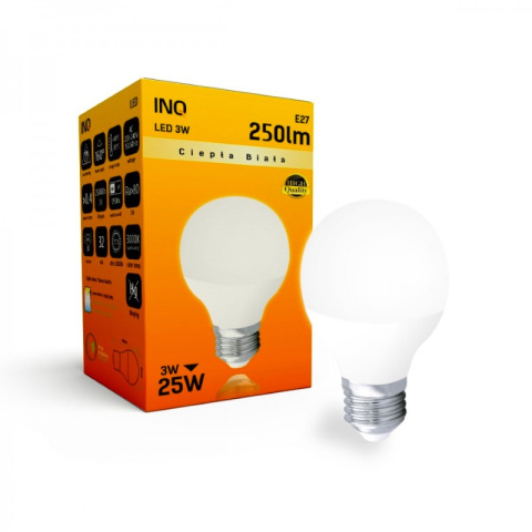 INQ żarówka lampa LED 3W E27 3000K 250LM mała kulka ciepło biała