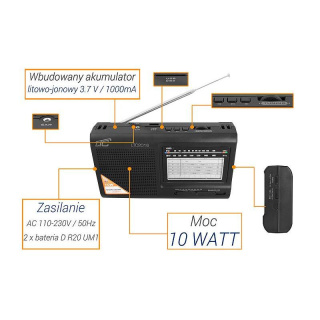 LTC wilga radio przenośne MW, FM, SW czarne z wbudowanym akumulatorem, USB, SD, 10W LTC2016