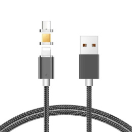Kabel USB 2.0 z wymiennymi końcówkami, przewód magnetyczny 3w1 MicroUSB / Lightning / Type C szary oplot 1m