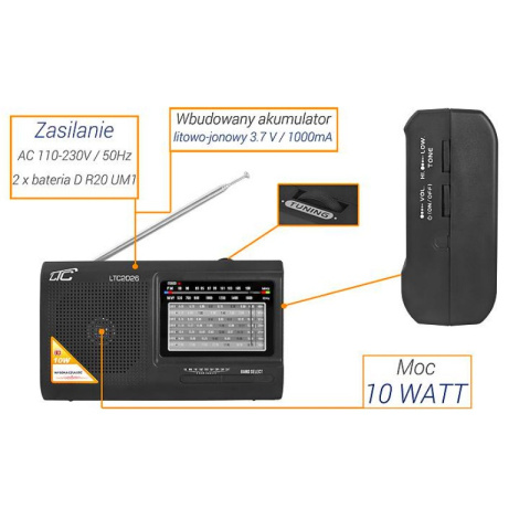 LTC radio Wilga przenośne czarne z wbudowanym akumulatorem MW / FM / SW model LTC2026