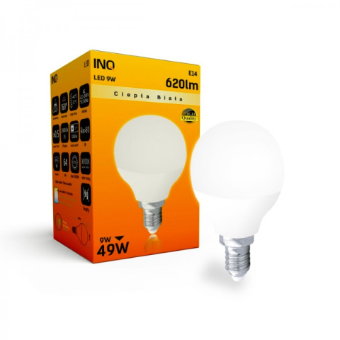 INQ żarówka lampa LED 9W E14 3000K 620LM kulka ciepło biała