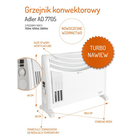 Adler AD 7705 grzejnik konwektorowy z nawiewem, konwektor 2000W, termostat, turbo