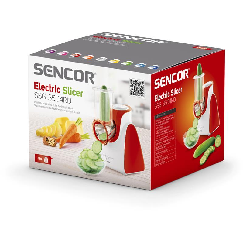 Sencor SSG3504RD elektryczna szatkownica do warzyw 150W, 5 końcówek, czerwona