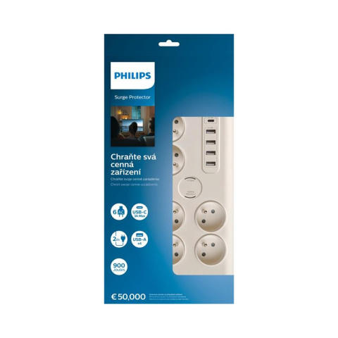 Philips SPN7060WA listwa przeciwprzepięciowa zasilająca 6 gniazd + 5xUSB, biała 2m