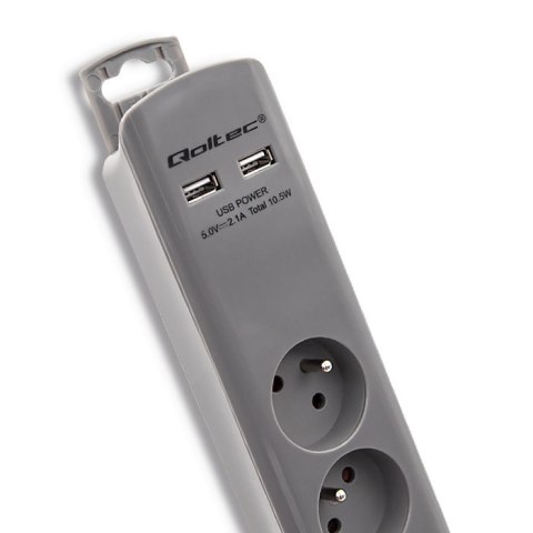 Qoltec Listwa antyprzepięciowa | 4 gniazda | 2 x USB | 1.8m | Szara