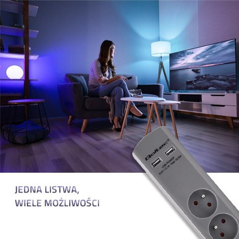 Qoltec Listwa antyprzepięciowa | 6 gniazd |2 x USB | 1.8m | Szara