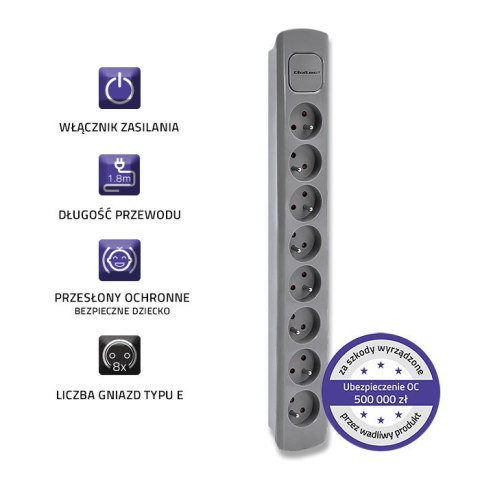 Qoltec Listwa zasilająca | 8 gniazd | 1.8m | Szara