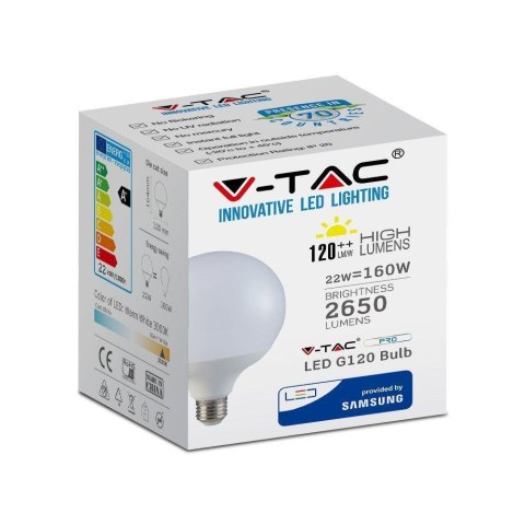 Żarówka LED V-TAC SAMSUNG CHIP 22W E27 G120 120Lm/W VT-242 3000K 2650lm 5 Lat Gwarancji