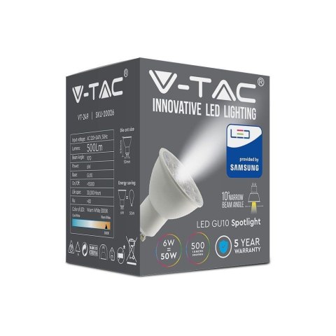 Żarówka LED V-TAC SAMSUNG CHIP GU10 6W 10st VT-249 4000K 500lm 5 Lat Gwarancji