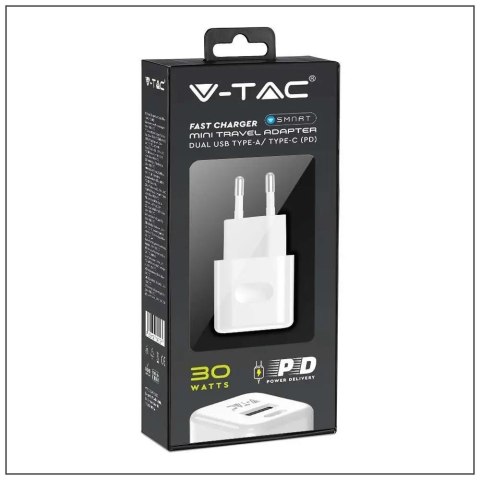 Ładowarka USB V-TAC SZYBKA 30W Biała MINI Dual USB Type-A Type-C VT-5330-W