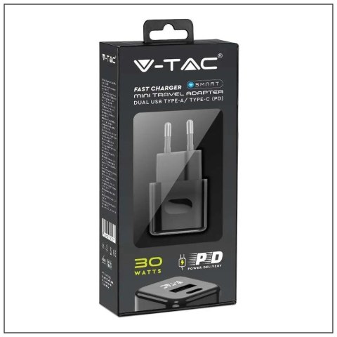 Ładowarka USB V-TAC SZYBKA 30W Czarna MINI Dual USB Type-A Type-C VT-5330-B