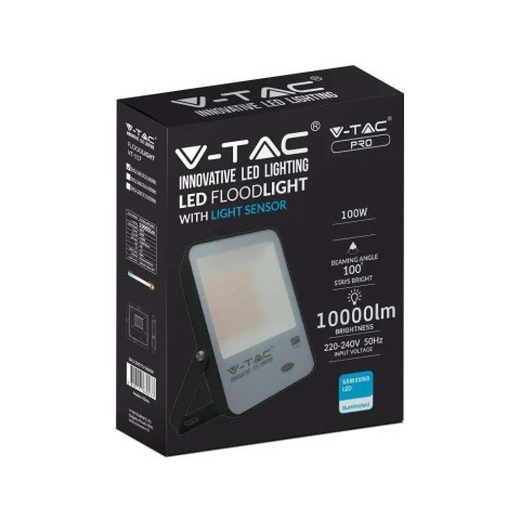 Projektor LED V-TAC 100W Czujnik Światła SAMSUNG CHIP 100Lm/W Czarny VT-117 6500K 10000lm 5 Lat Gwarancji