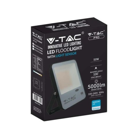 Projektor LED V-TAC 50W Czujnik Światła SAMSUNG CHIP 100Lm/W Czarny VT-57 4000K 5000lm 5 Lat Gwarancji