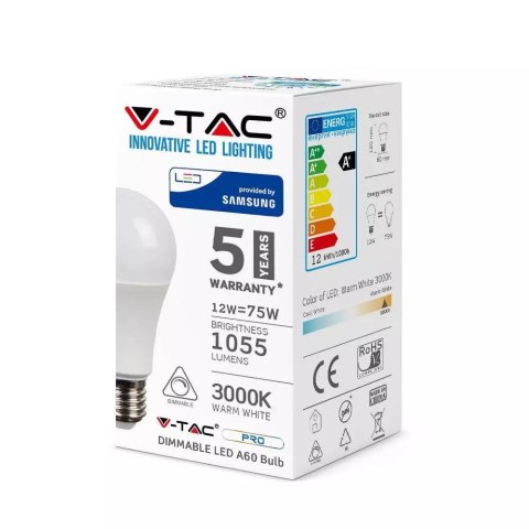 Żarówka LED V-TAC SAMSUNG CHIP 12W E27 A60 Ściemnialna VT-262D 4000K 1055lm 5 Lat Gwarancji