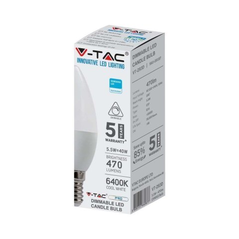 Żarówka LED V-TAC SAMSUNG CHIP 5.5W E14 Świeczka Ściemnialna VT-293D 6400K 470lm 5 Lat Gwarancji