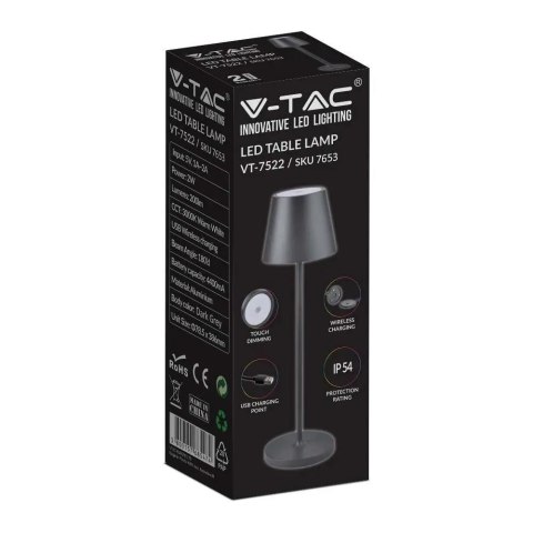 Lampka Biurkowa Nocna V-TAC 2W LED Ładowanie Ściemnianie IP54 Czarna VT-7522 3000K 200lm