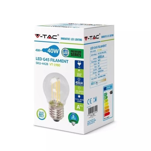 Żarówka LED V-TAC 4W Filament E27 G45 P45 Kulka VT-1980 4000K 400lm