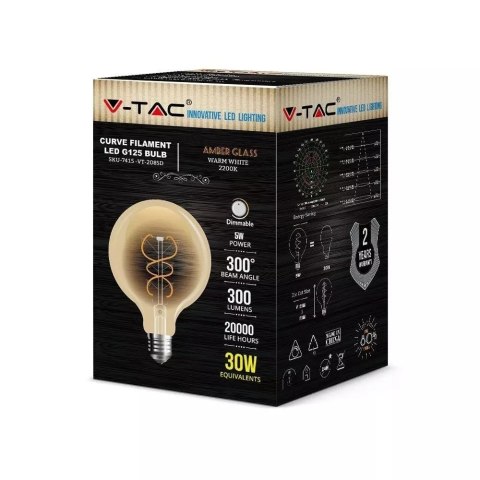 Żarówka LED V-TAC 5W E27 Filament Bursztynowa Kula G125 Ściemnialna VT-2085D 2200K 300lm