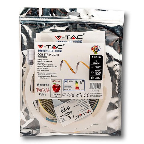 Taśma LED V-TAC Bezpunktowa COB 512LED 24V CRI90+ 12W/m VT-COB 3000K 1000lm 3 Lata Gwarancji