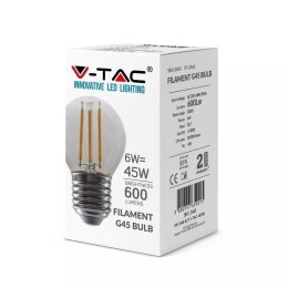 Żarówka LED V-TAC 6W Filament E27 Kulka G45 VT-2366 2700K 600lm