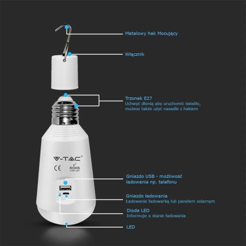 Żarówka LED V-TAC 7W Ładowalna Solar/USB Zmiana Barwy Power Bank VT-2417 3000K-4500K-6000K 500lm