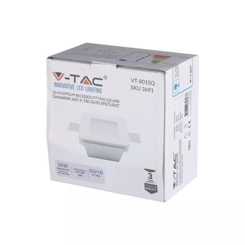 Oczko V-TAC GIPS GU10 Wpuszczane Szkło Mrożone Kwadrat 120x120 Białe VT-801SQ