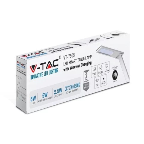 Lampka Biurkowa V-TAC 5W 3w1 Indukcja Zmiana Barwy Biała VT-7505 3000K-6500K 560lm