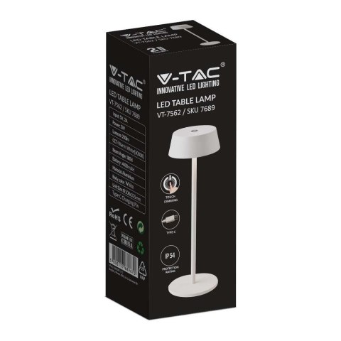 Lampka Biurkowa Nocna V-TAC 2W LED Ładowanie Ściemnianie IP54 Biała VT-7562 3000K 200lm