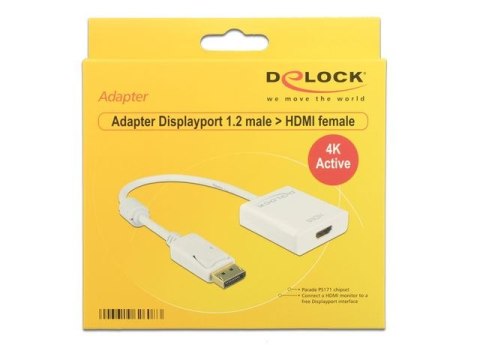 ADAPTER DISPLAYPORT(M) 1.2->HDMI(F) NA KABLU 20CM AKTYWNY BIAŁY DELOCK