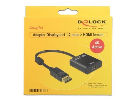 ADAPTER DISPLAYPORT(M) 1.2->HDMI(F) NA KABLU 20CM AKTYWNY CZARNY DELOCK