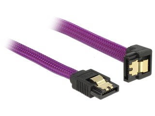 KABEL SATA DATA III (6GB/S) F/F 50CM Z ZATRZASKAMI METALOWYMI KĄTOWY DÓŁ/PROSTO FIOLETOWY DELOCK