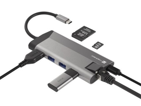 MULTIPORT ADAPTER NATEC FOWLER PLUS USB-C->HUB USB 3.0 3X, HDMI 4K, USB-C PD, RJ45, SD, MICRO SD