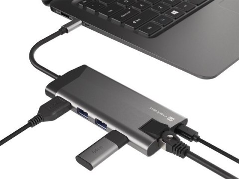 MULTIPORT ADAPTER NATEC FOWLER PLUS USB-C->HUB USB 3.0 3X, HDMI 4K, USB-C PD, RJ45, SD, MICRO SD