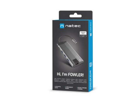 MULTIPORT ADAPTER NATEC FOWLER PLUS USB-C->HUB USB 3.0 3X, HDMI 4K, USB-C PD, RJ45, SD, MICRO SD