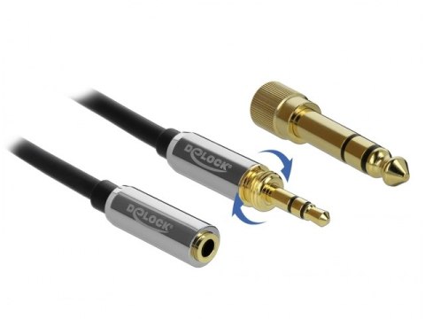 PRZEDŁUŻACZ AUDIO MINIJACK 3.5MM M/F 3 PIN + PRZEJŚCIÓWKA NAKRĘCANA JACK 6.35MM 1M CZARNY DELOCK