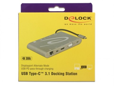 REPLIKATOR PORTÓW USB-C(M)->MIC,AUDIO,HDMI,LAN,3X USB 3.0+ZASILANIE SZARY DELOCK (PO TESTACH)