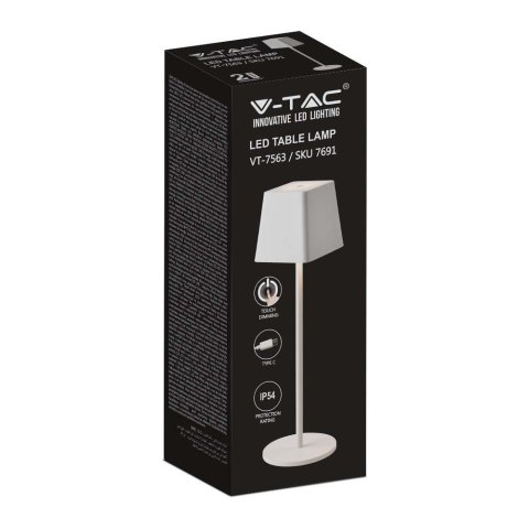 Lampka Biurkowa Nocna V-TAC 2W LED Ładowanie Ściemnianie IP54 Biała VT-7563 3000K 200lm