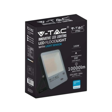 Projektor LED V-TAC 100W Czujnik Światła SAMSUNG CHIP 100Lm/W Czarny VT-117 4000K 10000lm 5 Lat Gwarancji