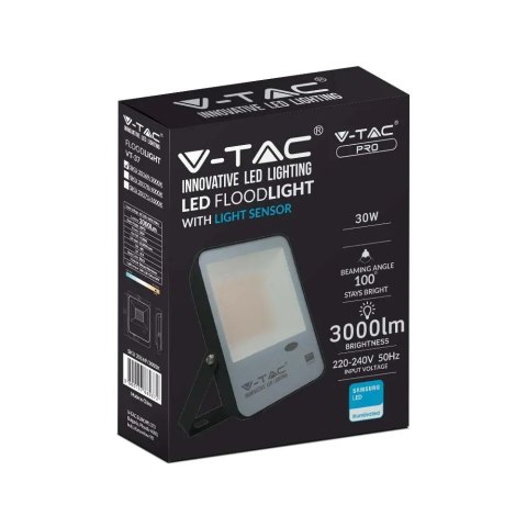 Projektor LED V-TAC 30W Czujnik Światła SAMSUNG CHIP 100Lm/W Czarny VT-37 4000K 3000lm 5 Lat Gwarancji