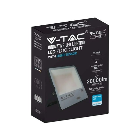 Projektor LED V-TAC 200W Czujnik Światła SAMSUNG CHIP 100Lm/W Czarny VT-272 4000K 20000lm 5 Lat Gwarancji