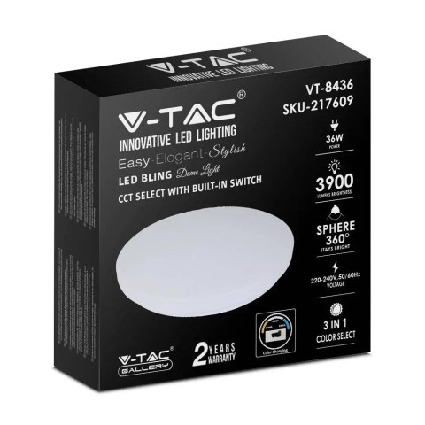 Plafon V-TAC 36W Mleczny Zmiana Koloru CCT fi.480 VT-8436-M-N 3000K-6400K 3900lm