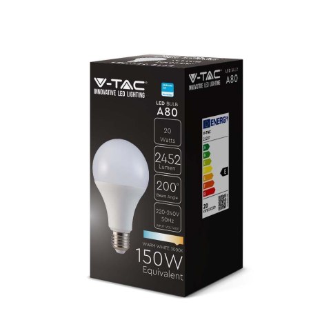 Żarówka LED V-TAC SAMSUNG CHIP 20W E27 A80 120Lm/W VT-233 3000K 2452lm 5 Lat Gwarancji