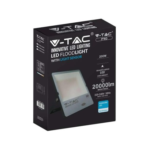 Projektor LED V-TAC 200W Czujnik Światła SAMSUNG CHIP 100Lm/W Czarny VT-272 6500K 20000lm 5 Lat Gwarancji