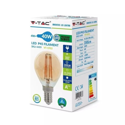 Żarówka LED V-TAC 4W Filament E14 P45 Kulka Bursztyn VT-1835 2200K 350lm