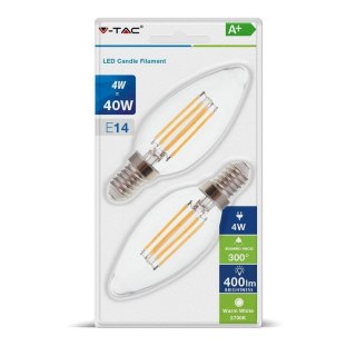 Żarówka LED V-TAC 4W Filament E14 Świeczka (Blister 2szt) VT-2174-B 2700K 400lm