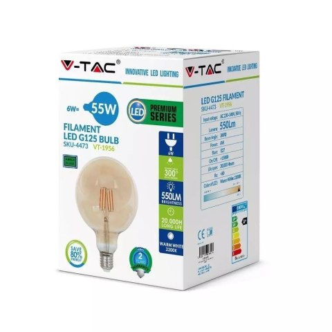 Żarówka LED V-TAC 6W Filament E27 G125 Bursztyn VT-2085 2200K 600lm