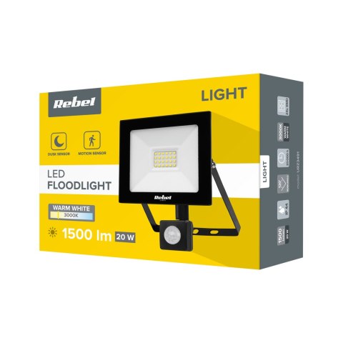 Reflektor LED Rebel 20W (24x2835 SMD), 3000K, z sensorem zmierzchu, 230V