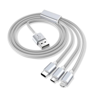 Przewód 3w1 USB - micro usb + lightning + typ C srebrny 1m