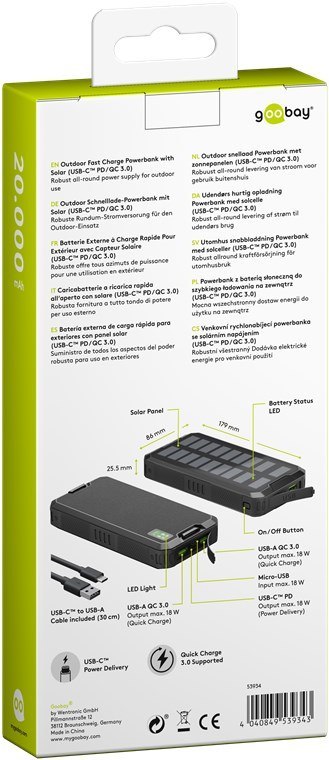 PowerBank Goobay 20000 mAh z baterią solarną QC PD